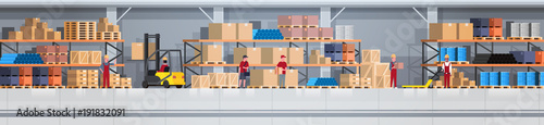 Warehouse Interior Box On Rack And People Working. Logistic Delivery Service Concept Horizontal Banner Flat Vector Illustration