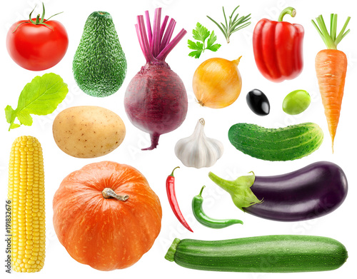 Isolated collection of 20 vegetables and herbs. Tomato, potato, beet, onion, peppers, cucumber, carrot, corn, pumpkin, eggplant, zucchini, lettuce, etc isolated on white background with clipping path