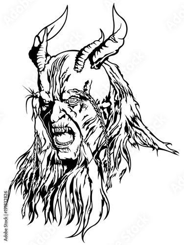 Satan's Head - Black and White Devil Illustration, Vector