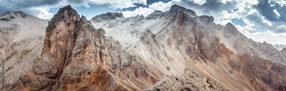 Panorama of wild rocky scenery in the Gravon del Forame, Cortina d'Ampezzo, Dolomites, Italy