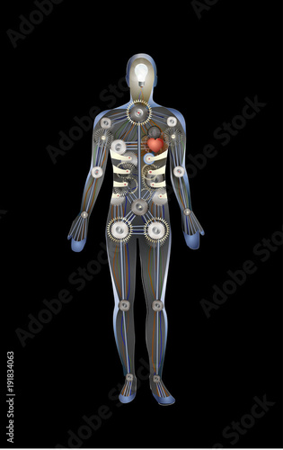 detailed metallic robot man body on black background, real feeling concept, robot feels idea, mechanic man idea with red heart,