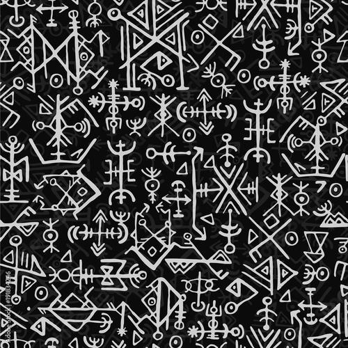 Futhark norse islandic and viking symbol seamless pattern. Magic hand draw symbols as scripted talismans repeatable background. ancient Iceland seamless. Ethnic norse viking pattern design.
