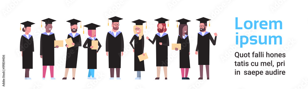 Group Of Diverse Students In Graduation Cap And Gown Hold Diploma Full Length Over White Background Horizontal Banner Flat Vector Illustration Group Of Diverse Students In Graduation Cap And Gown Hold Diploma Full Length Over White Background Horizontal Banner Flat Vector Illustration