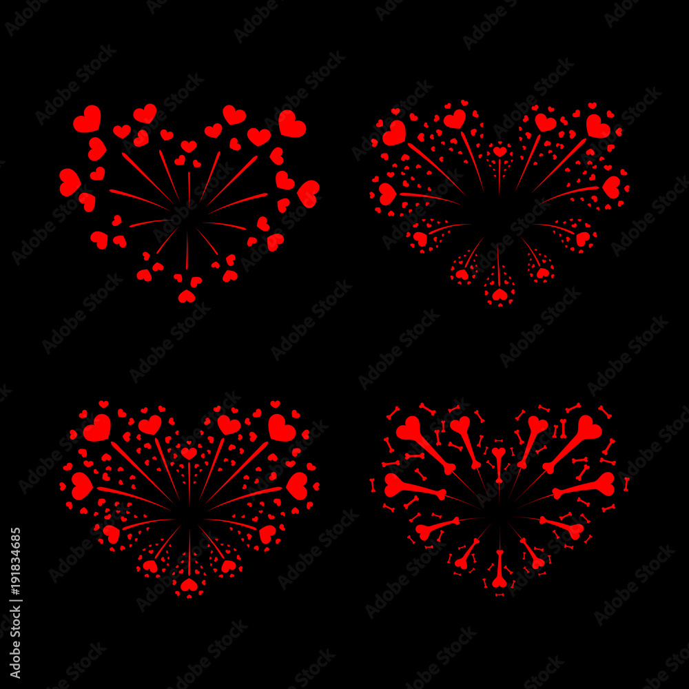 Beautiful heart-fireworks set. Red romantic salute isolated on black background. Love decoration flat firework. Symbol of Valentine Day celebration, holiday, wedding. Vector illustration Beautiful heart-fireworks set. Red romantic salute isolated on black background. Love decoration flat firework. Symbol of Valentine Day celebration, holiday, wedding. Vector illustration