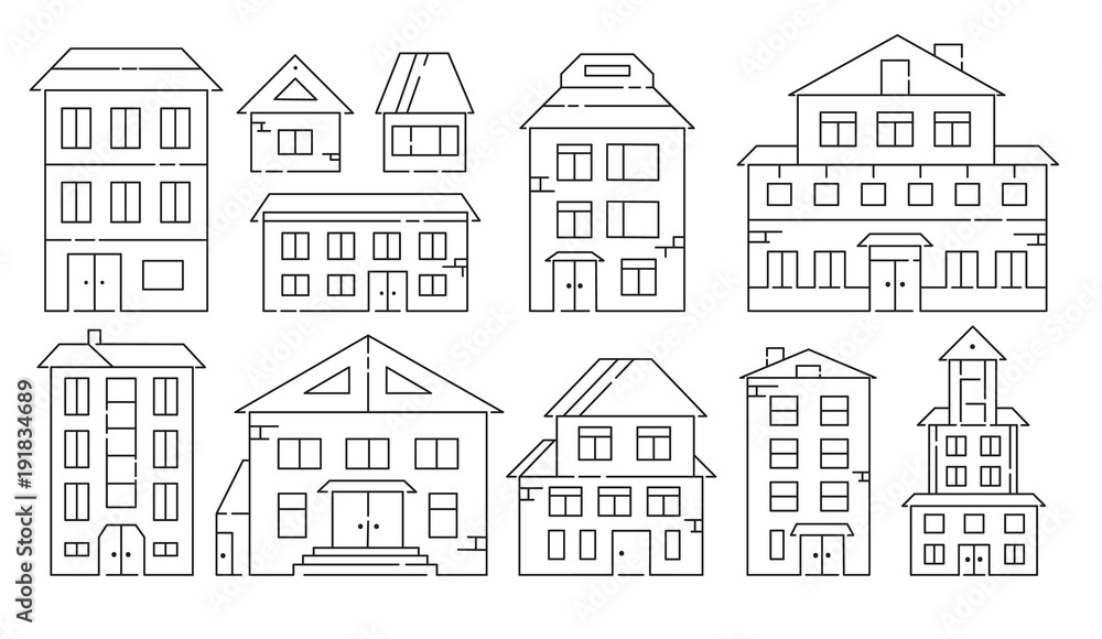 Real estate and residential buildings icons in style line art. Black line on white background