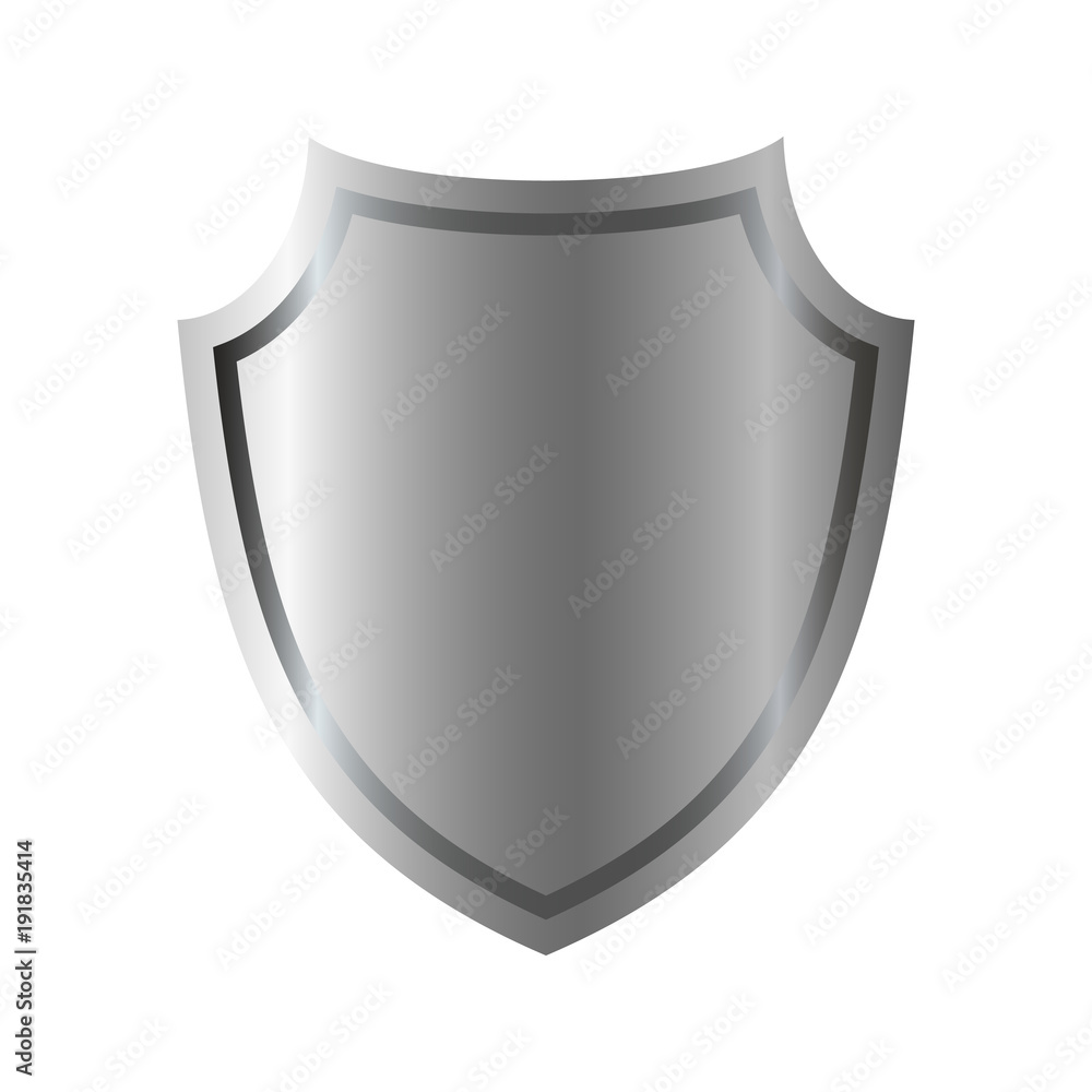 Silver shield shape icon. 3D gray emblem sign isolated on white background. Symbol of security, power, protection. Badge shape shield graphic design. Vector illustration Silver shield shape icon. 3D gray emblem sign isolated on white background. Symbol of security, power, protection. Badge shape shield graphic design. Vector illustration