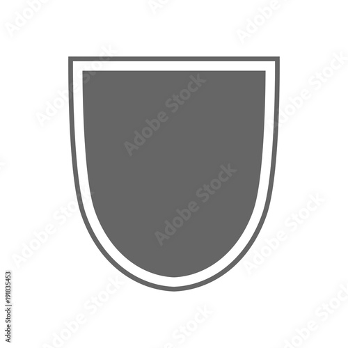Shield shape icon. Gray label sign, isolated on white background. Symbol of protection, arms, security, safety. Flat retro style design. Element vintage heraldic emblem. Vector illustration