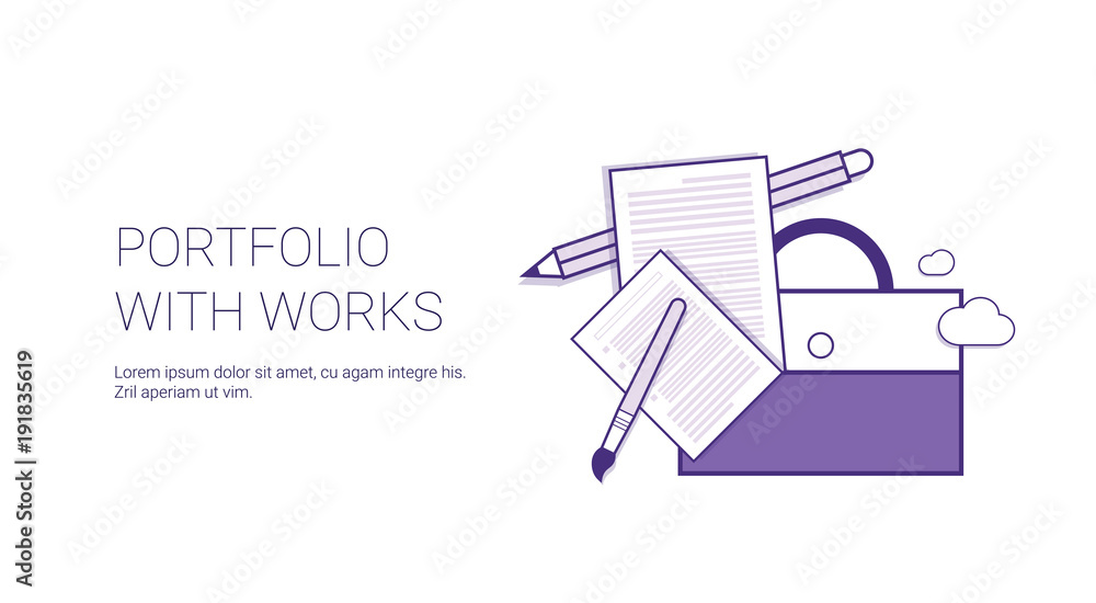 Portfolio With Works Business Web Banner Template With Copy Space Thin Line Vector Illustration