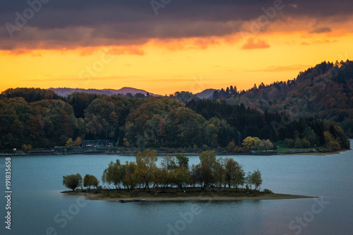 Dawn over the island on the Solina lake in Polanczyk, Bieszczady, Poland © Artur Bociarski