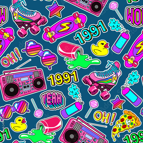 Seamless pattern with colorful elements from the nineties. Dark green background with patches, badges, pins, stickers in 90s comic style.