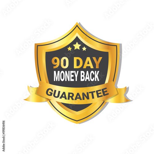 Golden Shield Money Back In 90 Days Guarantee Label with Ribbon Isolated Vector Illustration