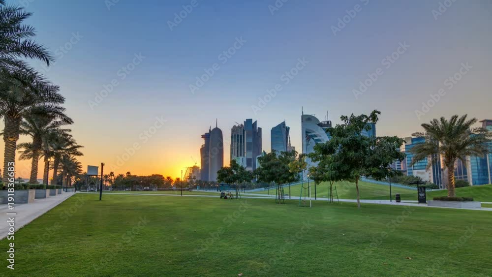 The high-rise district of Doha timelapse at sunset The high-rise district of Doha timelapse at sunset