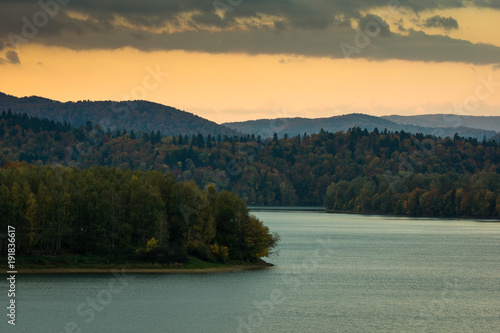 Dawn over the mountain on the Solina lake in Polanczyk, Bieszczady, Poland
