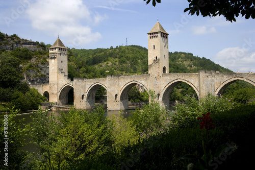 Historic Pont Valentre fortified bridge over the Lot River at Cahors, Lot, Midi Pyrenees, France