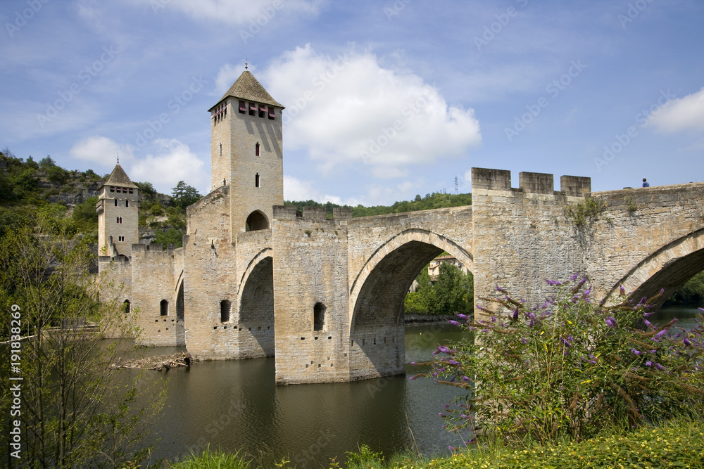 Historic Pont Valentre fortified bridge over the Lot River at Cahors, Lot, Midi Pyrenees, France