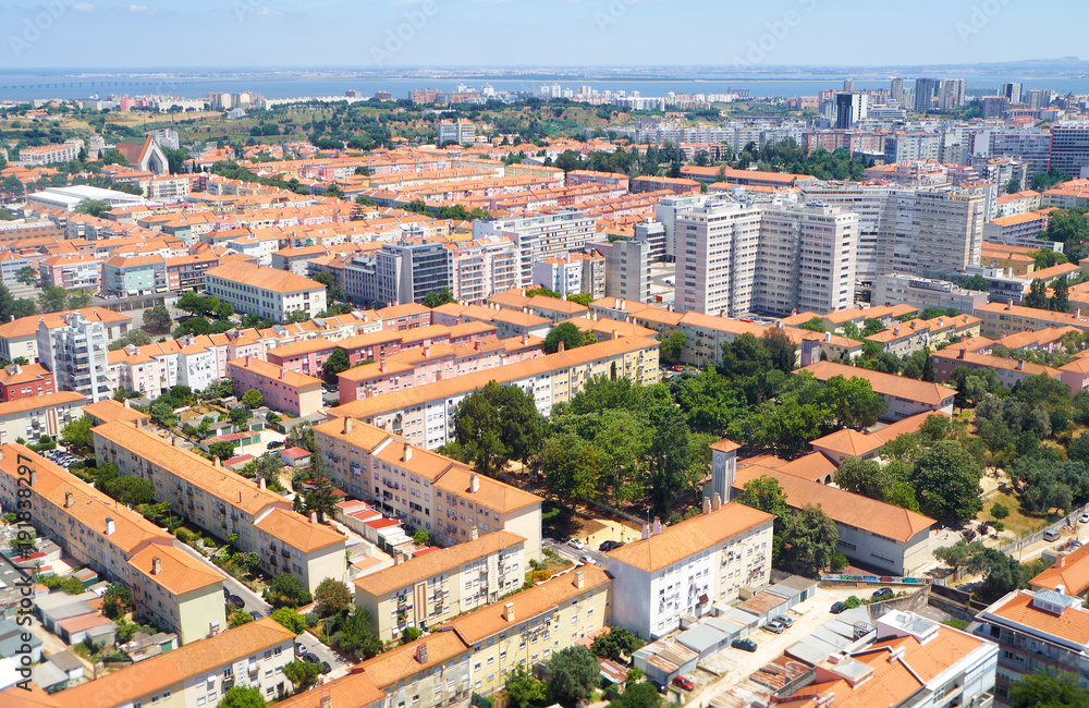 The bird's eye view of the residential quarters of Lisbon. Portugal