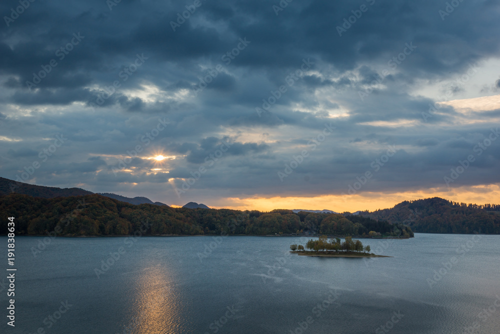 Sunrise over the Solina lake in Polanczyk, Bieszczady, Poland
