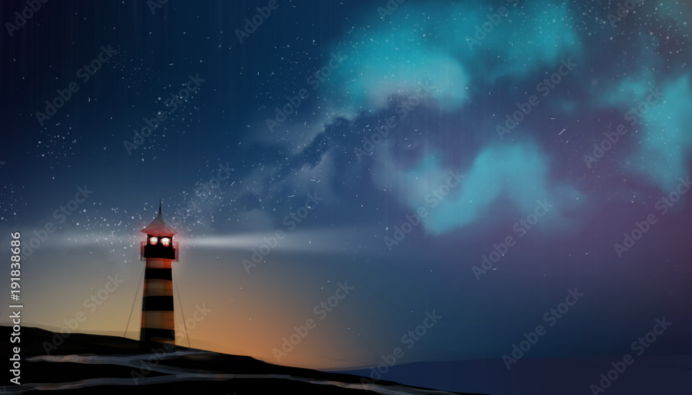 a Lighthouse working in milky way and star field, digital art style, illustration painting.