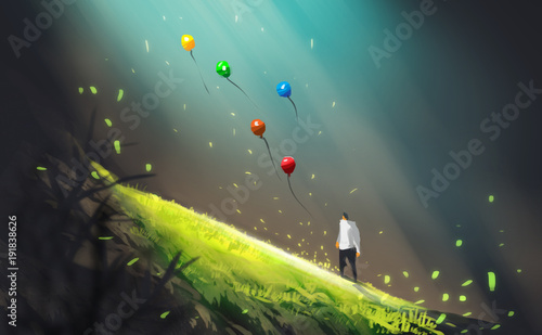Fotografie Digital illustration art painting style a man and many colorful air balloons in big cave or geothermal, light beam above green field