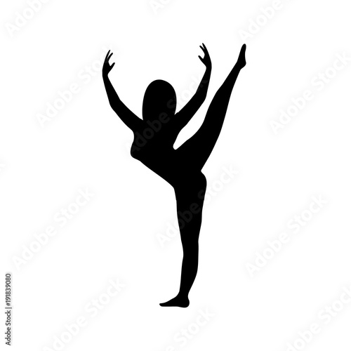 Black silhouette of a woman in sports. The girl is engaged in gymnastics or aerobics. Vector illustration of people. Black icon woman.