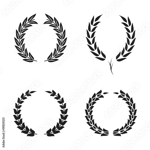 Laurel wreath foliate symbols set. Black circular silhouettes of laurel wreath with leaves for award, achievement