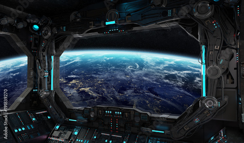 Fototapeta Naklejka Na Ścianę i Meble -  Spaceship grunge interior with view on planet Earth