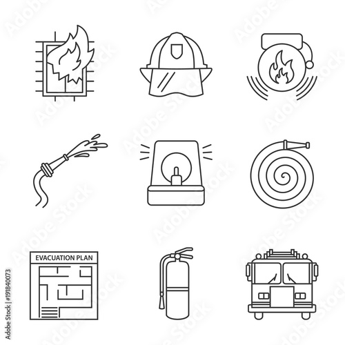 Firefighting linear icons set