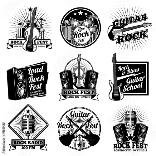 Rock and roll music vector labels. Vintage heavy metal emblems set