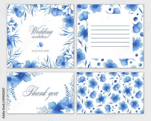 Ταπετσαρία Set of wedding cards with blue flowers