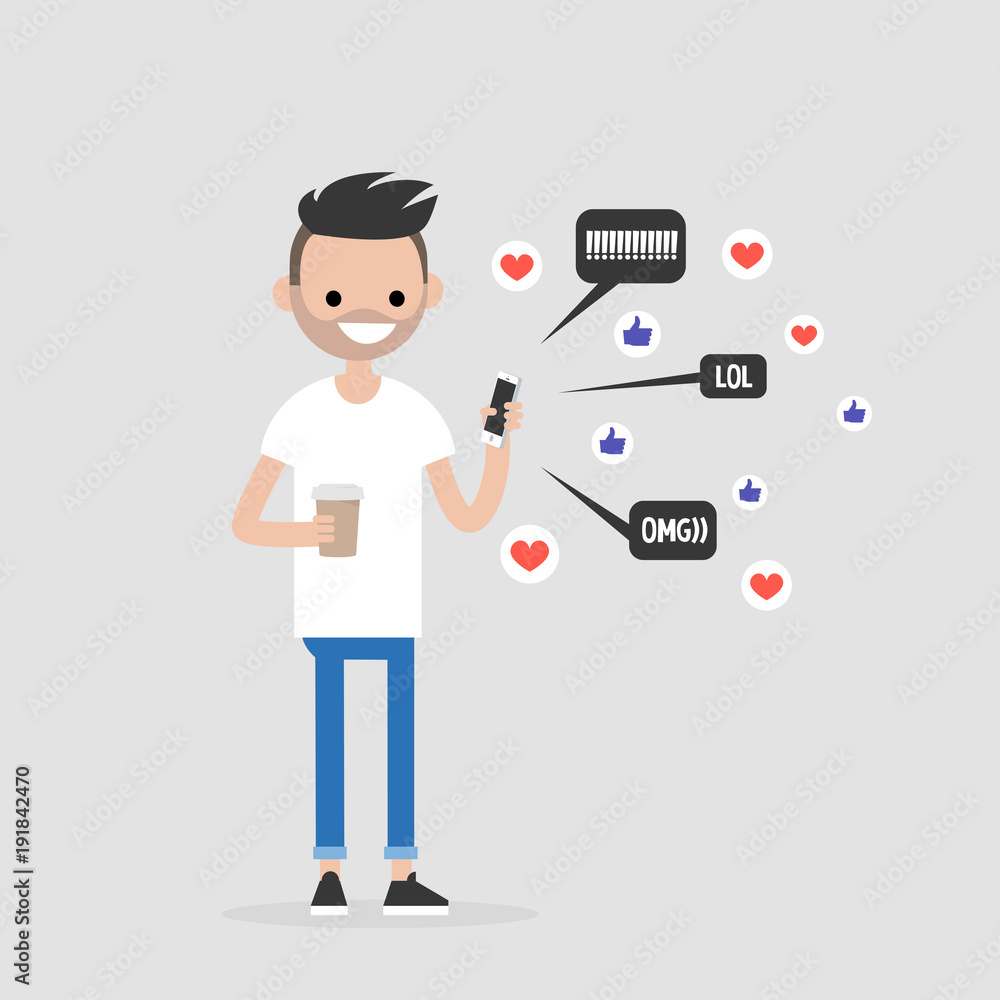Young character checking the pop up notifications on the mobile phone. Millennial lifestyle. Internet. Flat editable vector illustration, clip art