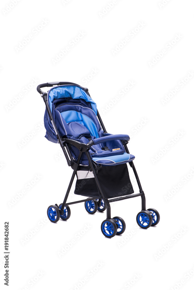 Blue pushchair isolated on white background Blue pushchair isolated on white background