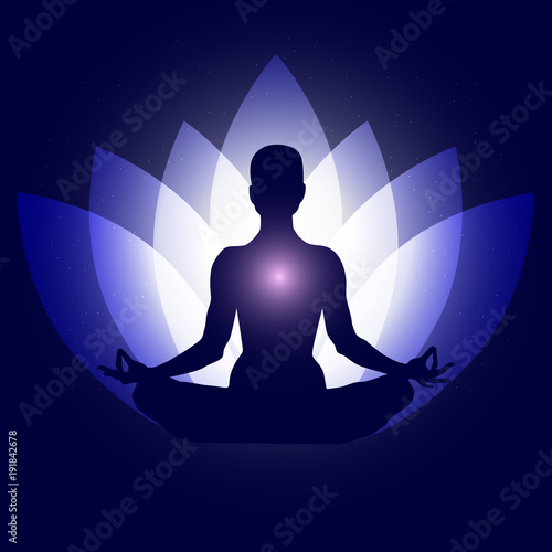 Human body in yoga lotus asana. Backgroung neon blue lotus petals dark blue space stars. Esoterics, spirituality, eastern wisdom, health, healthy lifestyle, mystery, universe. Vecto eps10