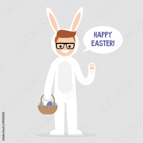 Happy easter. Young character wearing a white bunny costume and holding a basket with dyed eggs. Holidays. Flat editable vector illustration, clip art. Culture and celebrations.