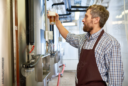 Serious thoughtful middle-aged Caucasian beer engineer in apron picking up full beer glass examining color and foam of brewed drink