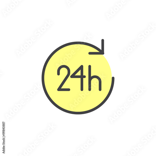 24 hours filled outline icon, line vector sign, linear colorful pictogram isolated on white. Open twenty four hours a day symbol, logo illustration. Pixel perfect vector graphics