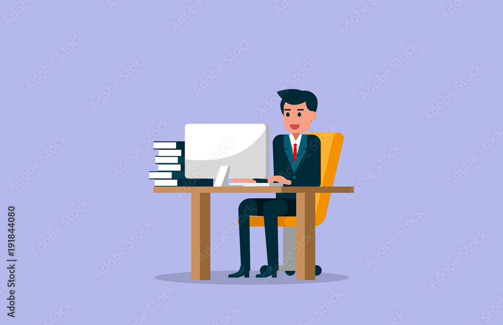 Businessman working on computer. Vector illustration of working concept.