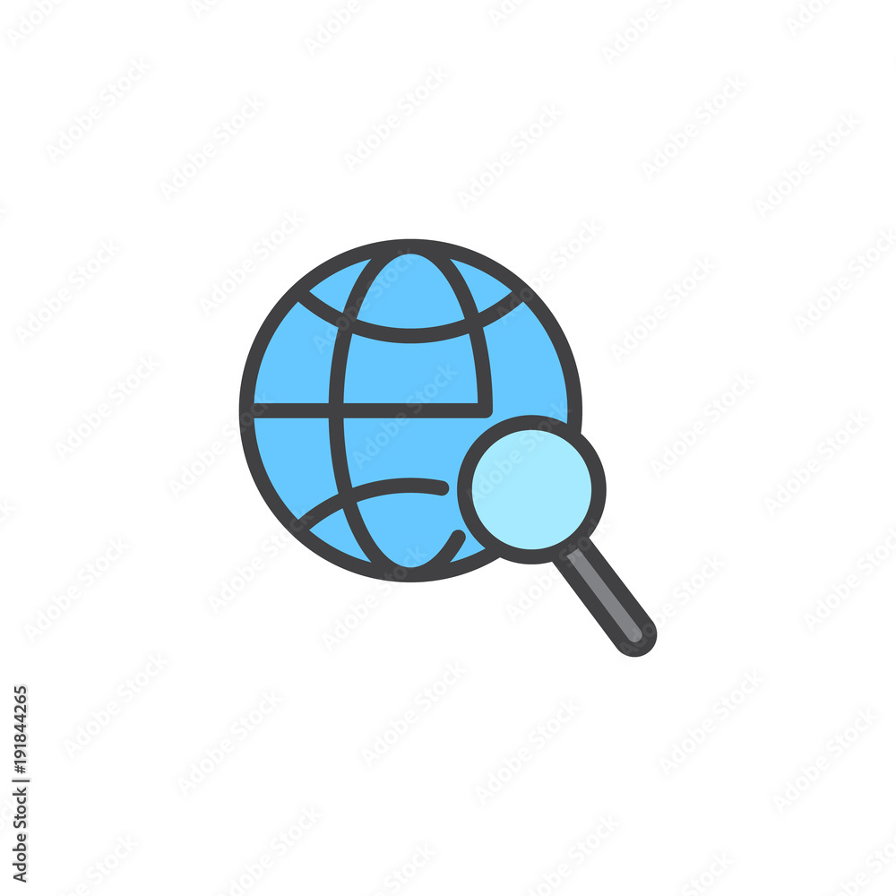 Search worldwide filled outline icon, line vector sign, linear colorful pictogram isolated on white. Globe and magnifier glass symbol, logo illustration. Pixel perfect vector graphics Search worldwide filled outline icon, line vector sign, linear colorful pictogram isolated on white. Globe and magnifier glass symbol, logo illustration. Pixel perfect vector graphics