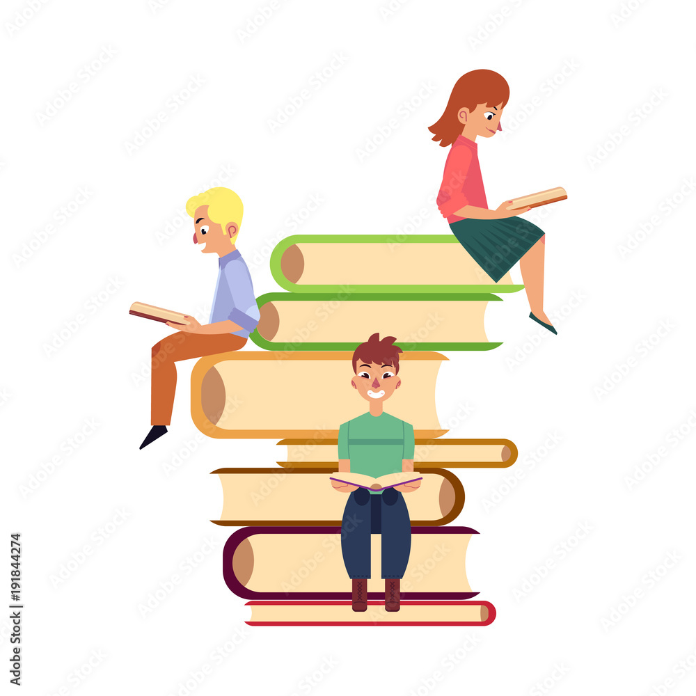 People, men and woman, sitting, reading on giant pile of books, flat cartoon vector illustration isolated on white background. Reading concept illustration with people sitting on pile of giant books People, men and woman, sitting, reading on giant pile of books, flat cartoon vector illustration isolated on white background. Reading concept illustration with people sitting on pile of giant books