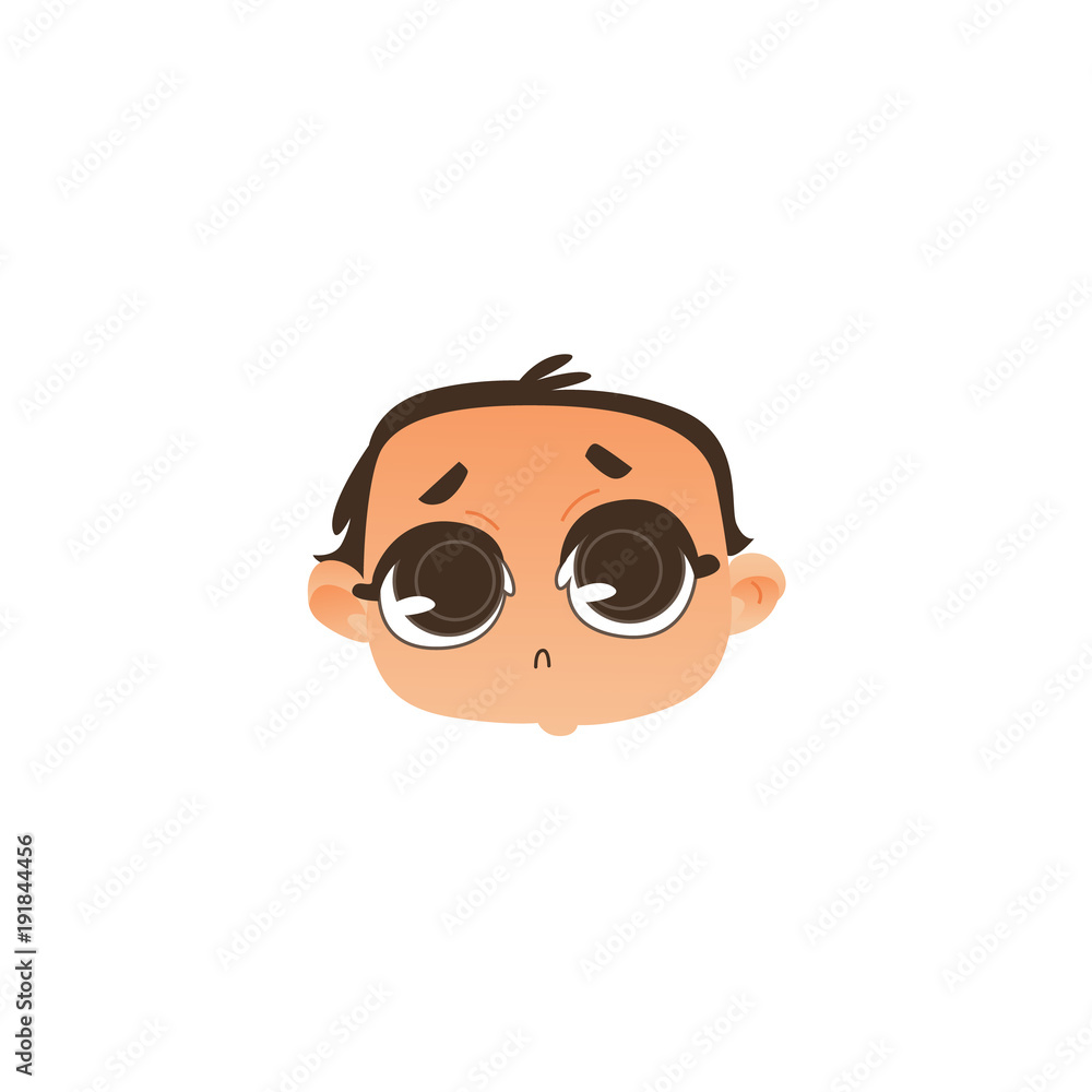 Comic style baby face, head icon with sad, upset expression and wide open eyes, flat vector illustration isolated on white background. Flat, comic emoticon, emoji icon with sad newborn baby boy face