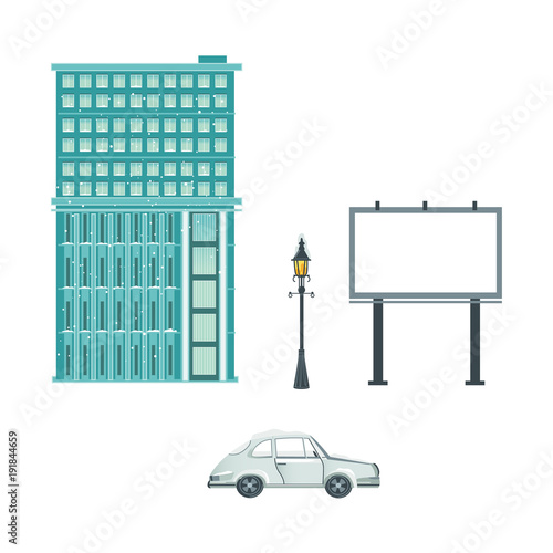 Vector flat urban landscape background design element set. Streetlight, lamppost or lantern, car vehicle, blank billboard, office business scyscraper, residental building isolated illustration