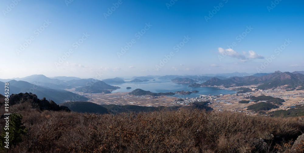 City and sea, view from mountain range