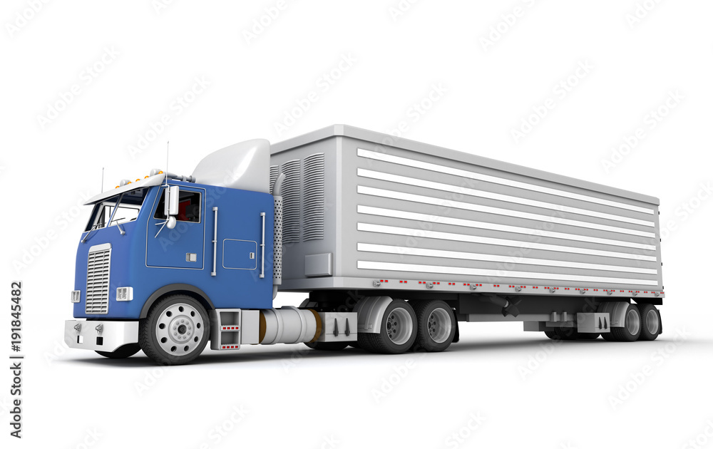 Logistics concept. American Freightliner Cargo truck transporting goods moving from right to left isolated on white background. Side view. 3D illustration Logistics concept. American Freightliner Cargo truck transporting goods moving from right to left isolated on white background. Side view. 3D illustration