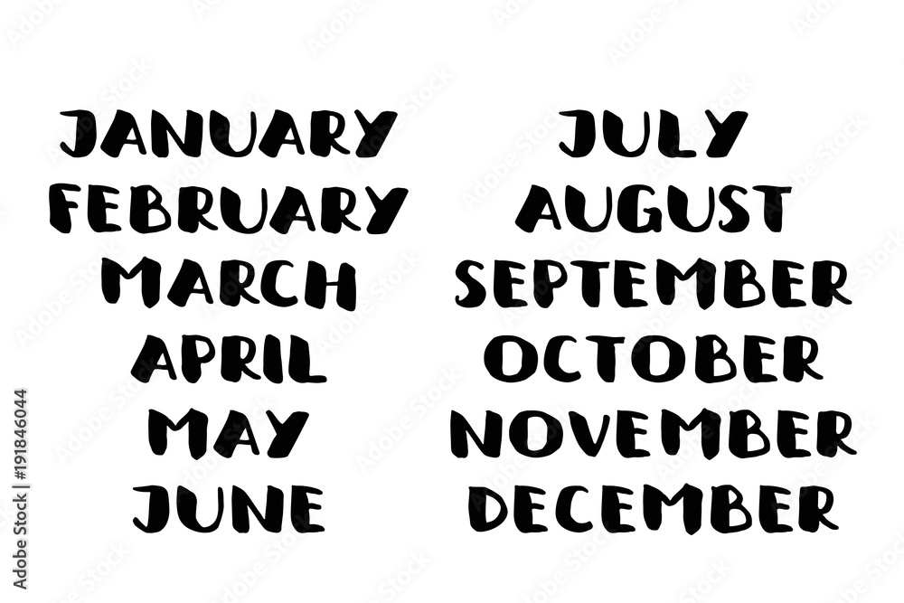 Handwritten names of months. calendar template.