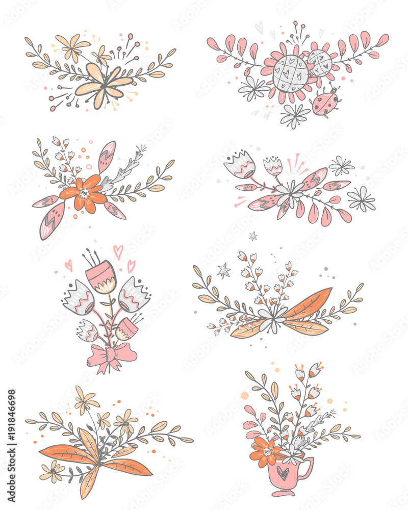 Obraz premium Vector collection of floral doodle bouquets. Flowers,leaves, her
