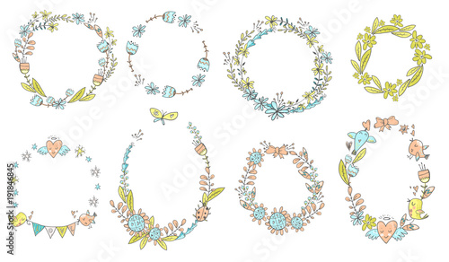 Wallpaper Mural Vector collection of floral doodle wreath. Flowers, birds and he Torontodigital.ca