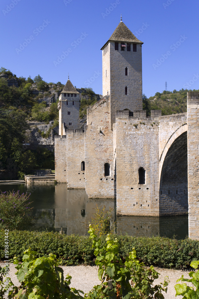 Europe, France, Midi Pyrenees, Lot, the historic Pont Valentre fortified bridge over the Lot River at Cahors Europe, France, Midi Pyrenees, Lot, the historic Pont Valentre fortified bridge over the Lot River at Cahors