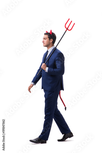 Photography Evil devil businessman with pitchfork isolated on white backgrou