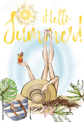 Beautiful woman with summer drink is lying on the beach, hello summer beach party banner, sea background with palm, hand drawn vector illustration