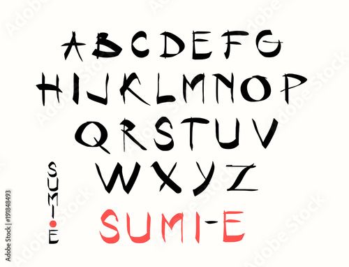 hand lettering alphabet design, handwritten brush calligraphy cursive font vector illustration, uppercase, Asian Japanese Chinese Ink wash painting style, shui mo hua, sumi-e
