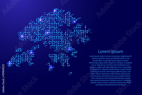 Map Hong Kong from printed board, chip and radio component with blue star space on the contour for banner, poster, greeting card, of vector illustration.